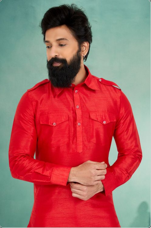 Picture of Fine Banarasi Dhupion Silk Red Kurta Pajama