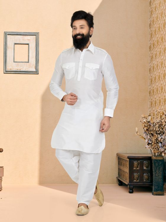 Picture of Bewitching Banarasi Dhupion Silk White Kurta Pajama