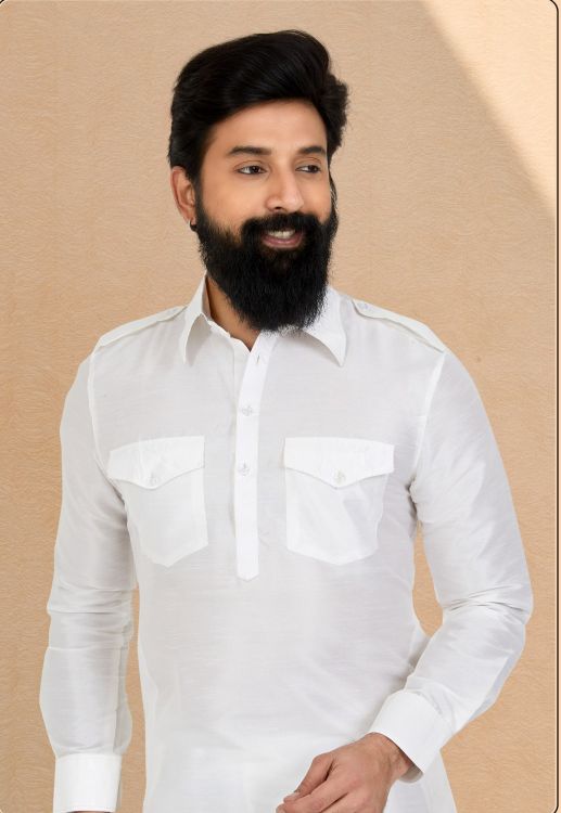 Picture of Bewitching Banarasi Dhupion Silk White Kurta Pajama