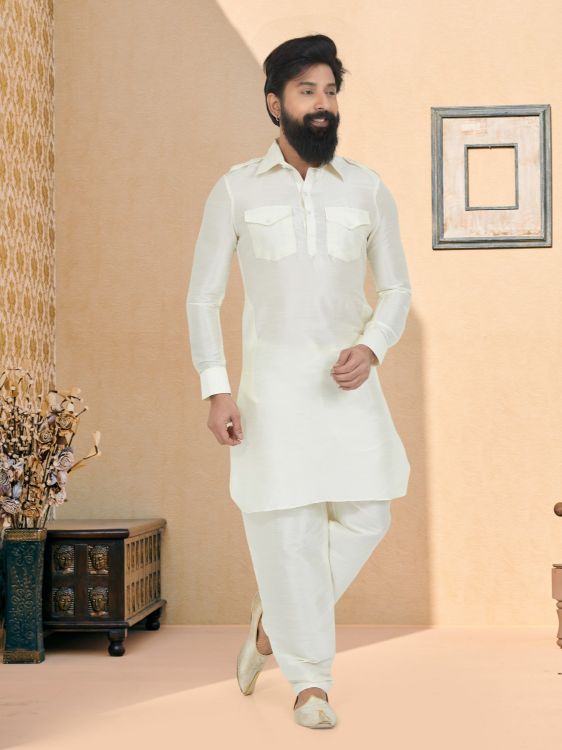 Picture of Excellent Silk Banarasi Dhupion Silk White Kurta Pajama