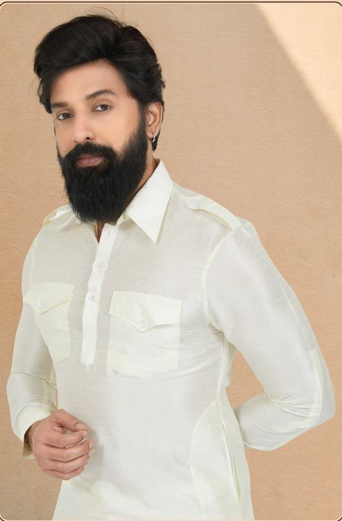 Picture of Excellent Silk Banarasi Dhupion Silk White Kurta Pajama