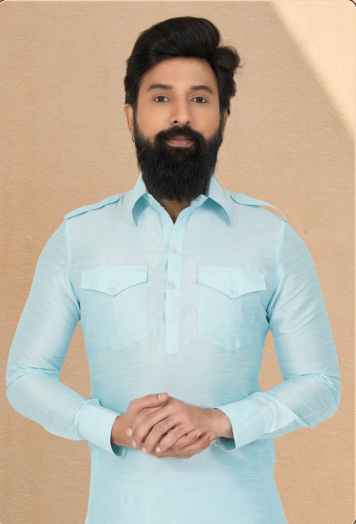 Picture of Graceful Banarasi Dhupion Silk Sky Blue Kurta Pajama