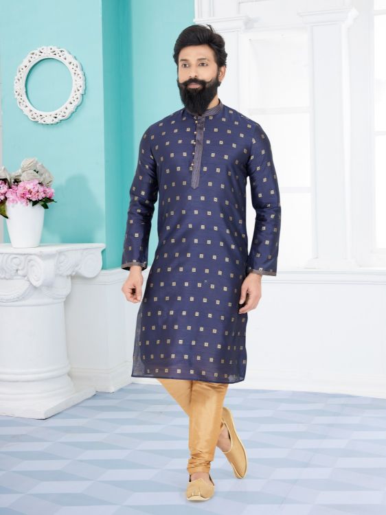 Picture of Elegant Jacuqard Banarasi Dhupion Navy Blue Kurta Pajama