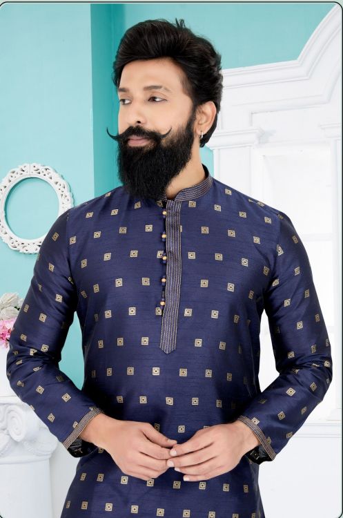 Picture of Elegant Jacuqard Banarasi Dhupion Navy Blue Kurta Pajama