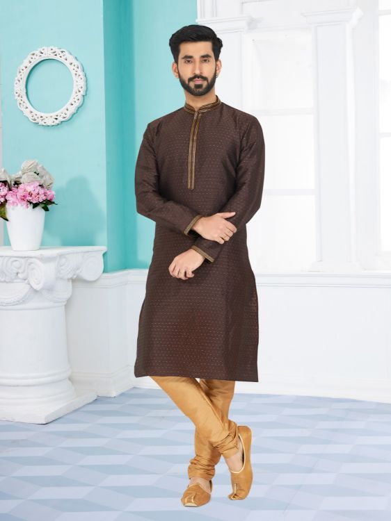 Picture of Cotton & Silk & Jacquard Saddle Brown Kurta Pajama