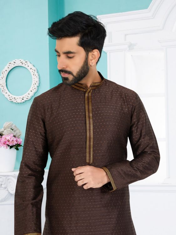 Picture of Cotton & Silk & Jacquard Saddle Brown Kurta Pajama