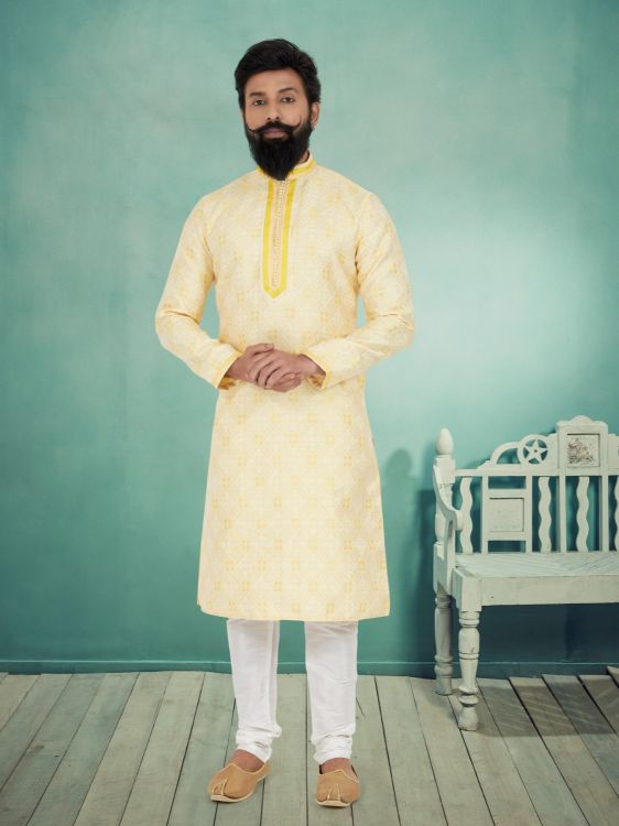 Picture of Admirable Jacquard Silk Yellow Kurta Pajama