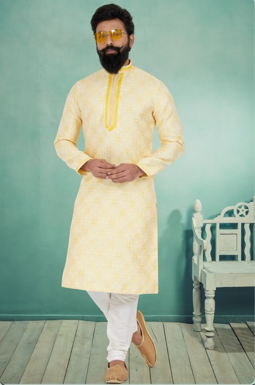 Picture of Admirable Jacquard Silk Yellow Kurta Pajama