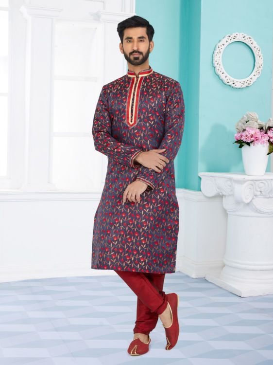 Picture of Admirable Jacquard Silk Navy Blue Kurta Pajama