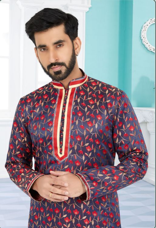 Picture of Admirable Jacquard Silk Navy Blue Kurta Pajama