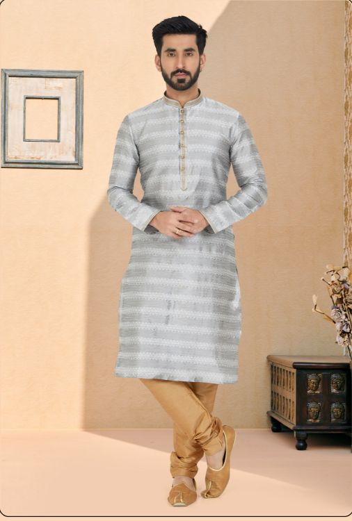 Picture of Marvelous Brocade Jacquard Grey Kurta Pajama