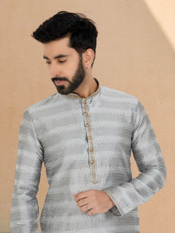 Picture of Marvelous Brocade Jacquard Grey Kurta Pajama