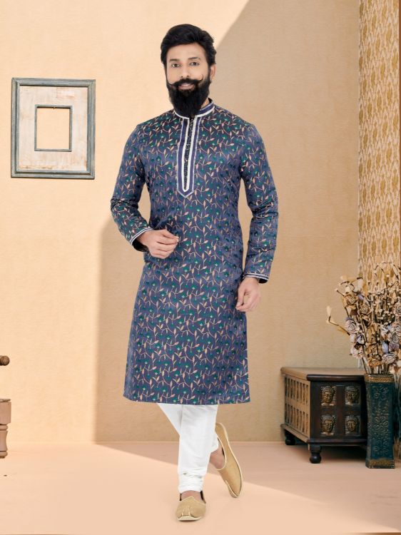 Picture of Admirable Jacquard Silk Navy Blue Kurta Pajama
