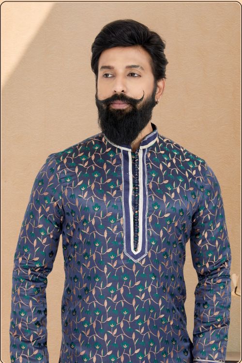 Picture of Admirable Jacquard Silk Navy Blue Kurta Pajama