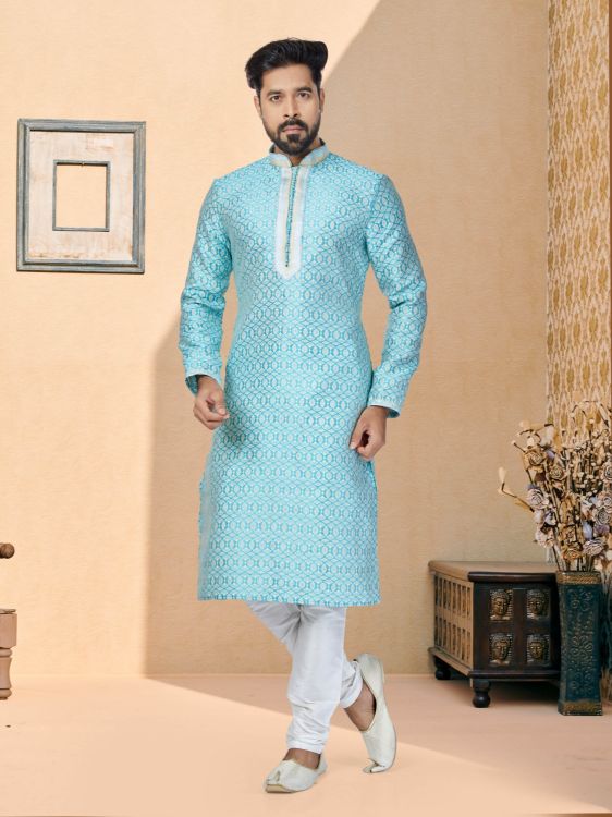 Picture of Excellent Jacquard Silk Blue Kurta Pajama
