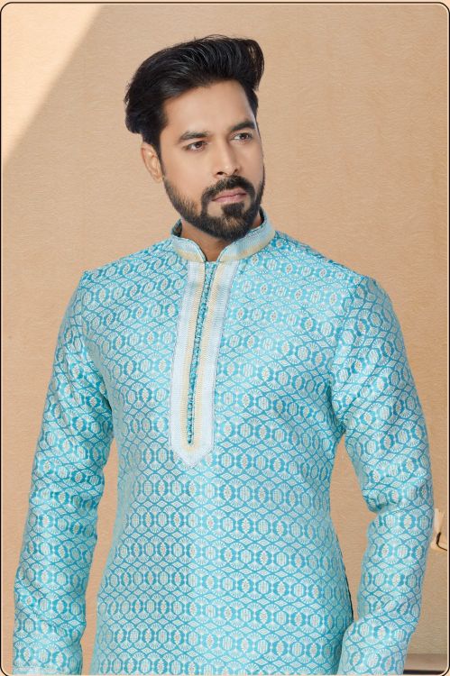 Picture of Excellent Jacquard Silk Blue Kurta Pajama