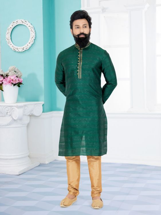 Picture of Appealing Cotton Jacquard Green Kurta Pajama
