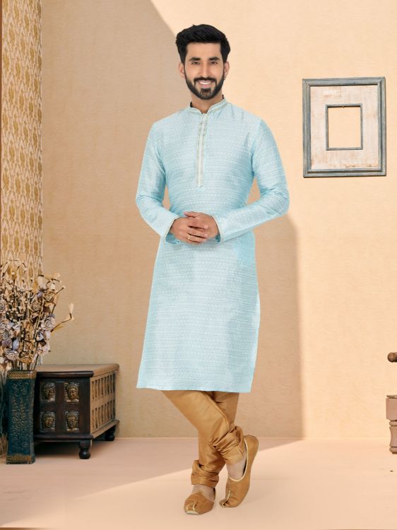 Picture of Elegant Brocade Jacquard Sky Blue Kurta Pajama
