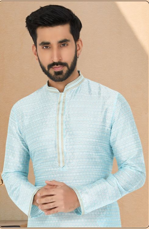 Picture of Elegant Brocade Jacquard Sky Blue Kurta Pajama