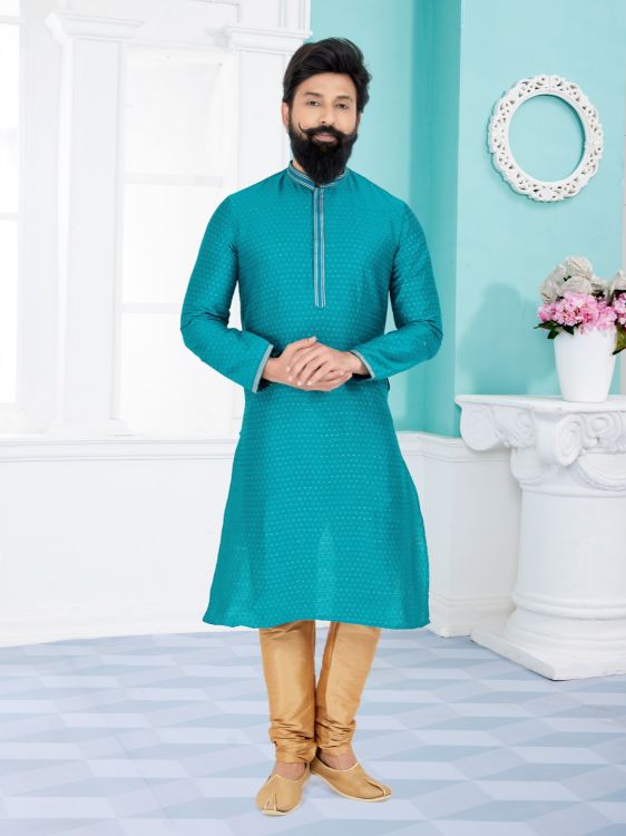 Picture of Nice Cotton Jacquard Blue Kurta Pajama
