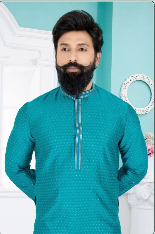 Picture of Nice Cotton Jacquard Blue Kurta Pajama