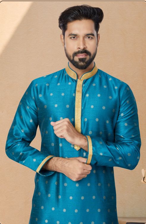 Picture of Splendid Jacuqard Banarasi Dhupion Blue Kurta Pajama