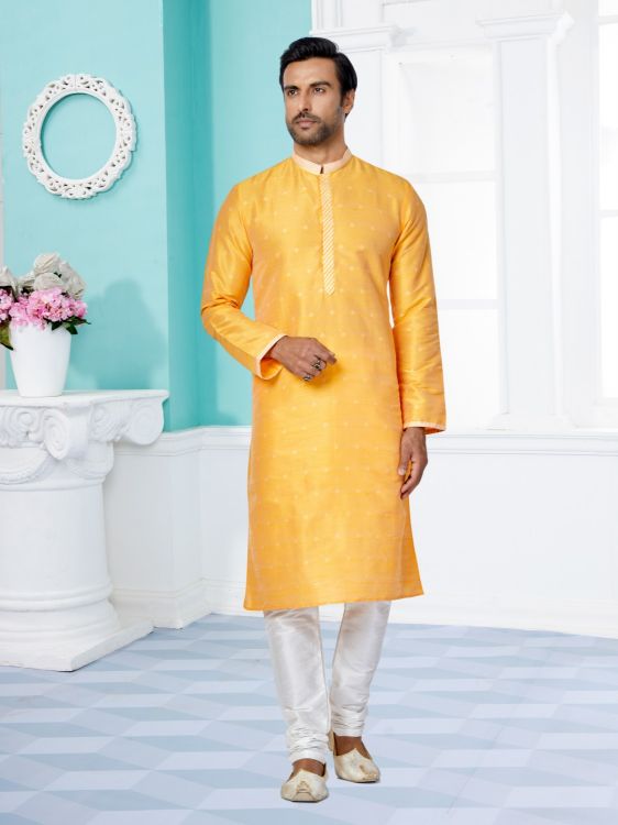 Picture of Pretty Jacuqard Banarasi Dhupion Yellow Kurta Pajama