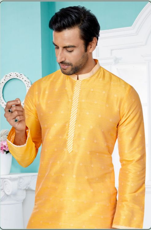 Picture of Pretty Jacuqard Banarasi Dhupion Yellow Kurta Pajama