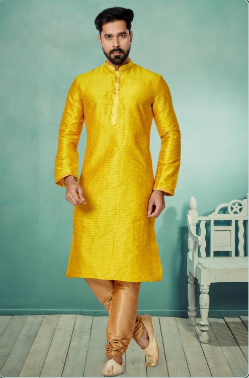 Picture of Marvelous Cotton Jacquard Yellow Kurta Pajama