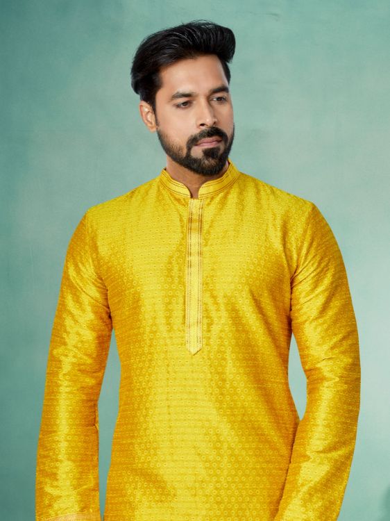Picture of Marvelous Cotton Jacquard Yellow Kurta Pajama