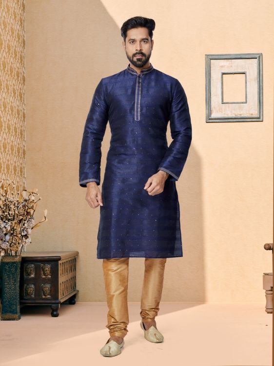 Picture of Sightly Cotton Jacquard Navy Blue Kurta Pajama