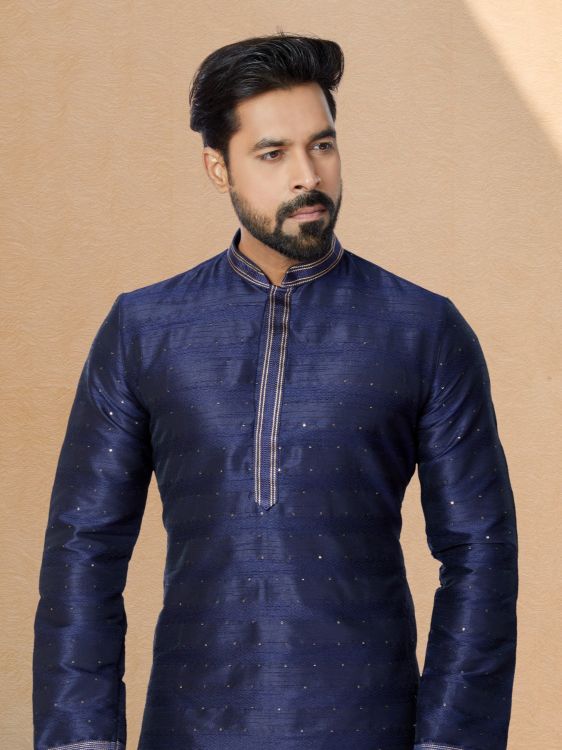 Picture of Sightly Cotton Jacquard Navy Blue Kurta Pajama