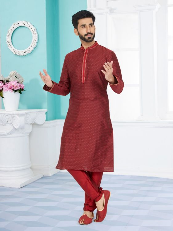 Picture of Pretty Cotton Jacquard Maroon Kurta Pajama