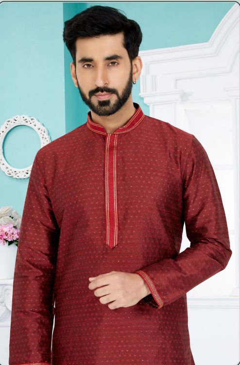 Picture of Pretty Cotton Jacquard Maroon Kurta Pajama