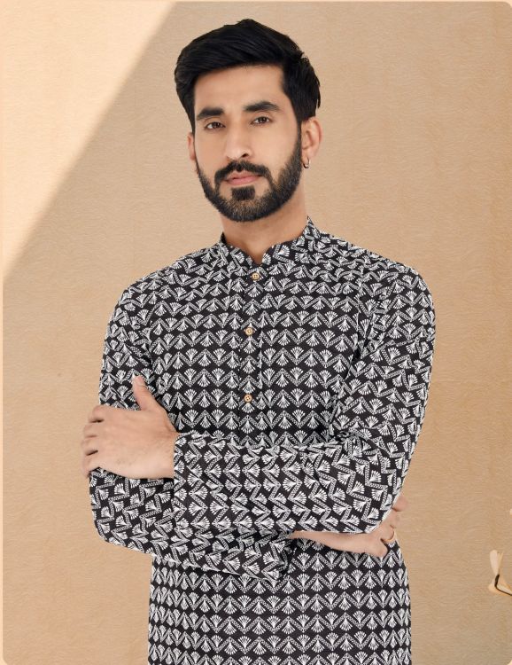 Picture of Pretty Cotton Silk Black Kurta Pajama