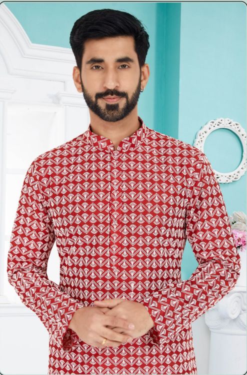 Picture of Beauteous Cotton Silk Red Kurta Pajama