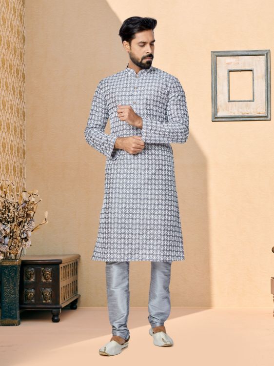 Picture of Graceful Cotton Silk Grey Kurta Pajama