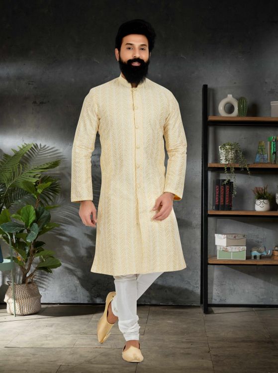 Picture of Splendid Silk With Embroidered Work Yellow Kurta Pajama