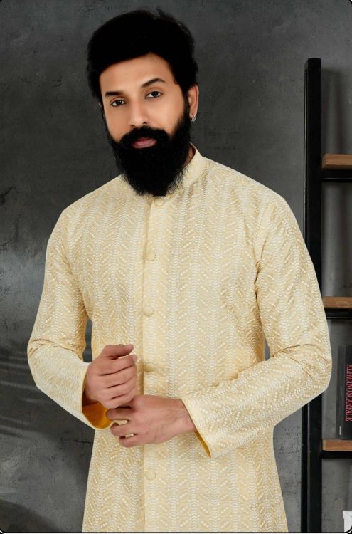 Picture of Splendid Silk With Embroidered Work Yellow Kurta Pajama