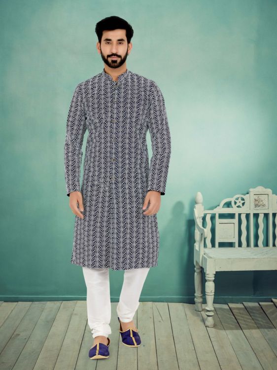 Picture of Amazing Cotton Silk Navy Blue Kurta Pajama