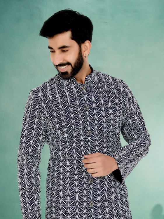 Picture of Amazing Cotton Silk Navy Blue Kurta Pajama