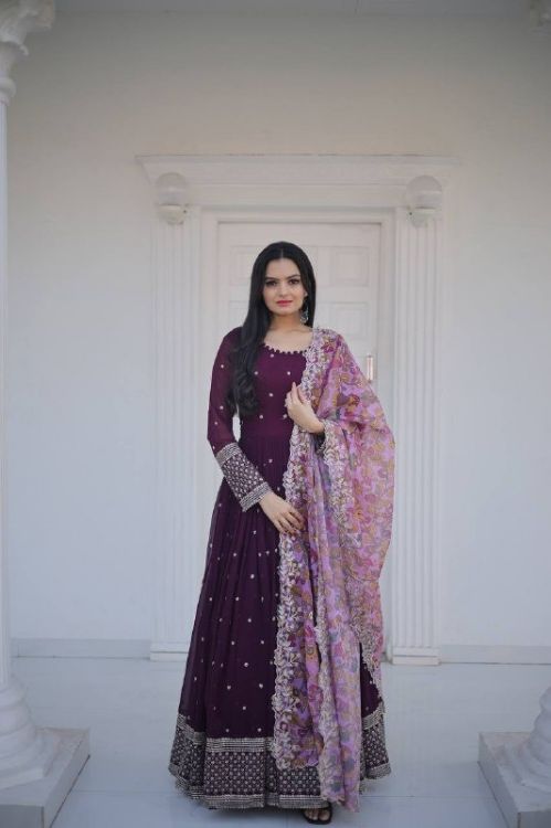 Picture of Grand Faux Blooming Purple Readymade Gown With Dupatta