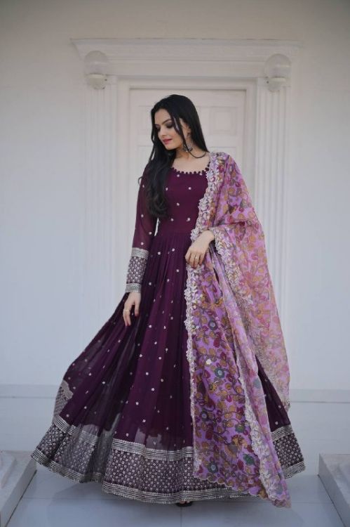 Picture of Grand Faux Blooming Purple Readymade Gown With Dupatta