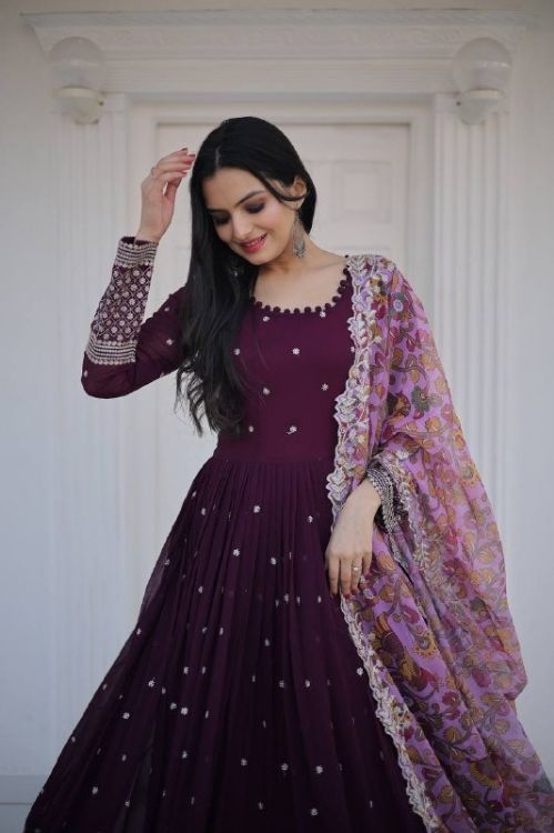 Picture of Grand Faux Blooming Purple Readymade Gown With Dupatta