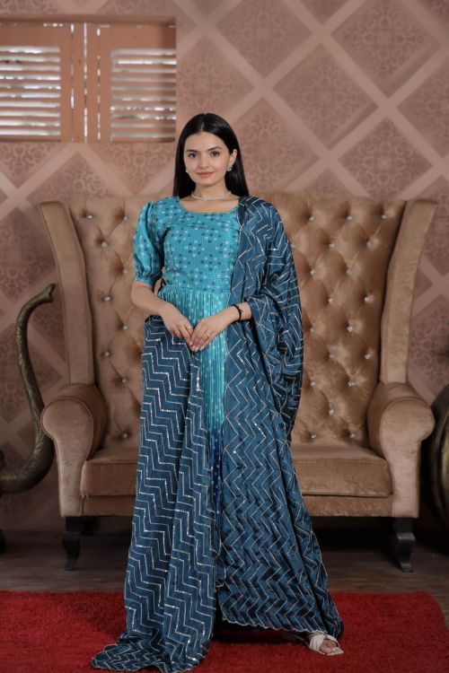 Picture of Charming Maslin Croche Blue Readymade Suit