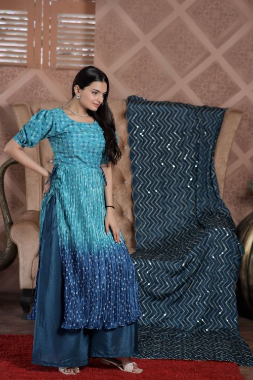 Picture of Charming Maslin Croche Blue Readymade Suit