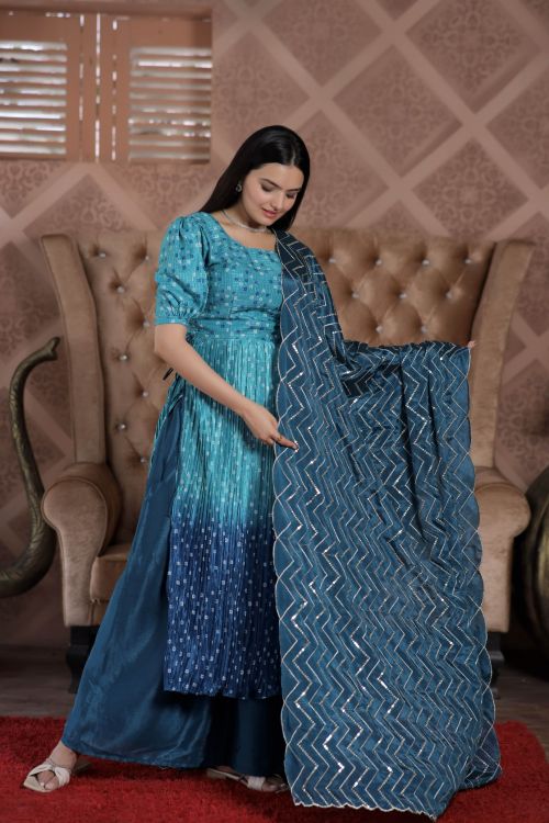 Picture of Charming Maslin Croche Blue Readymade Suit