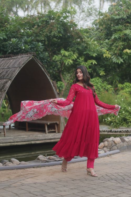 Picture of Comely Faux Blooming Deep Pink Readymade Suit