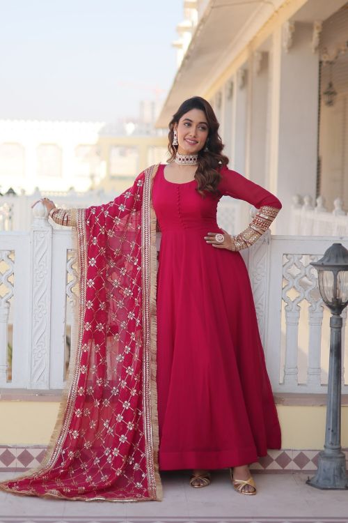 Picture of Marvelous Faux Blooming Pink Readymade Gown With Dupatta