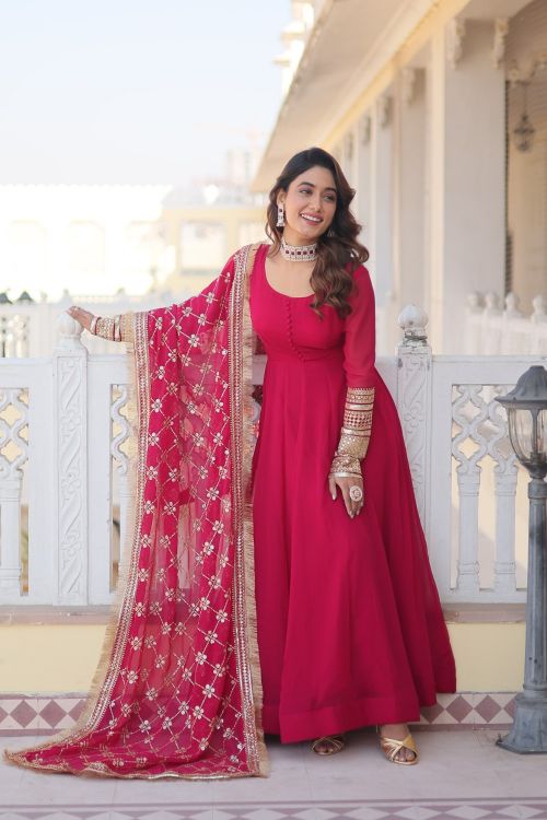 Picture of Marvelous Faux Blooming Pink Readymade Gown With Dupatta